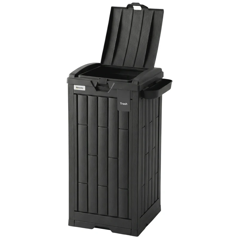 Outsunny 29 Gallon Outdoor Garbage Bin with Dual Lid, Plastic Outdoor Waste Trash Can with Side Holder and Drip Tray, Black