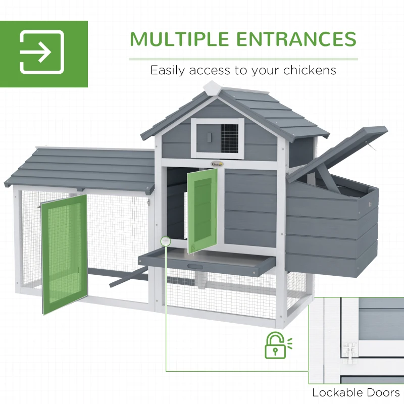 PawHut 60" Large Chicken Coop Wooden Hen House for Outdoor Backyard with 2 Doors, Nesting Box and Removable Tray, White