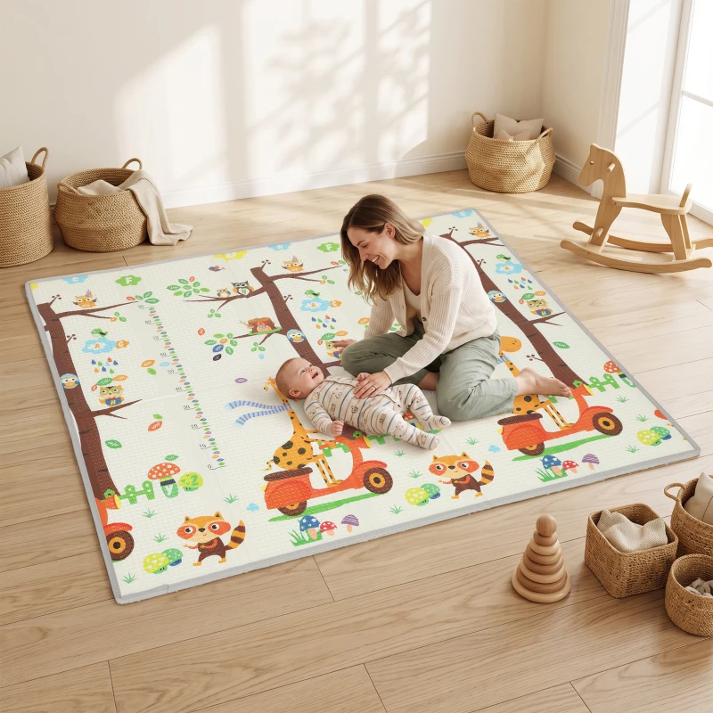 Qaba Foldable & Reversible Baby Play Mat, 79" x 71"Thick Play Mat for Floor, Waterproof Non-Slip, Giraffe & Woodland Animals