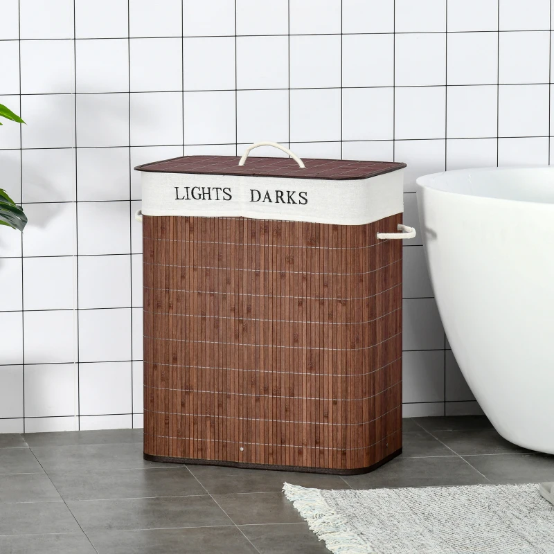 HOMCOM Bamboo Laundry Basket with Lid and String Handles, Collapsible Laundry Hamper with 2 Removable Bags, Brown