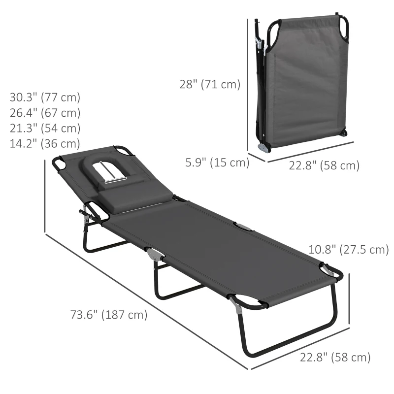 Outsunny Folding Lounge Chair Set of 2, Reclining Beach Tanning Chair with Face Hole, Pillow, 4-Position Adjustable Flat Sun Lounger, Steel Frame for Outdoor Patio Pool, Grey