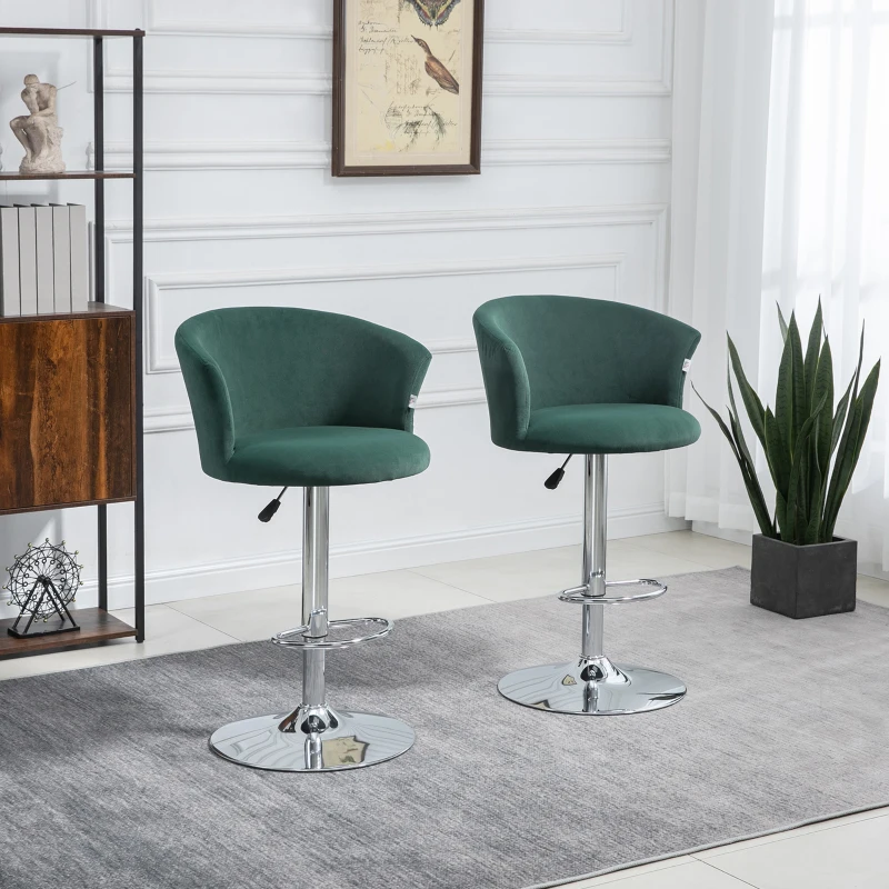 HOMCOM Adjustable Bar Stools Set of 2, Velvet Upholstered Counter Height Barstool with Swivel Seat, Wing Back, ‎Dark Green
