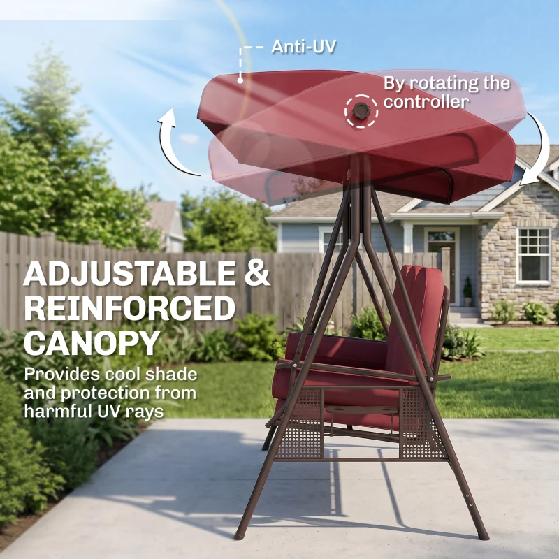 Outsunny Outdoor Patio 3-Person Steel Canopy Cushioned Seat Bench Swing with Included Side Trays & Padded Comfort, Wine Red