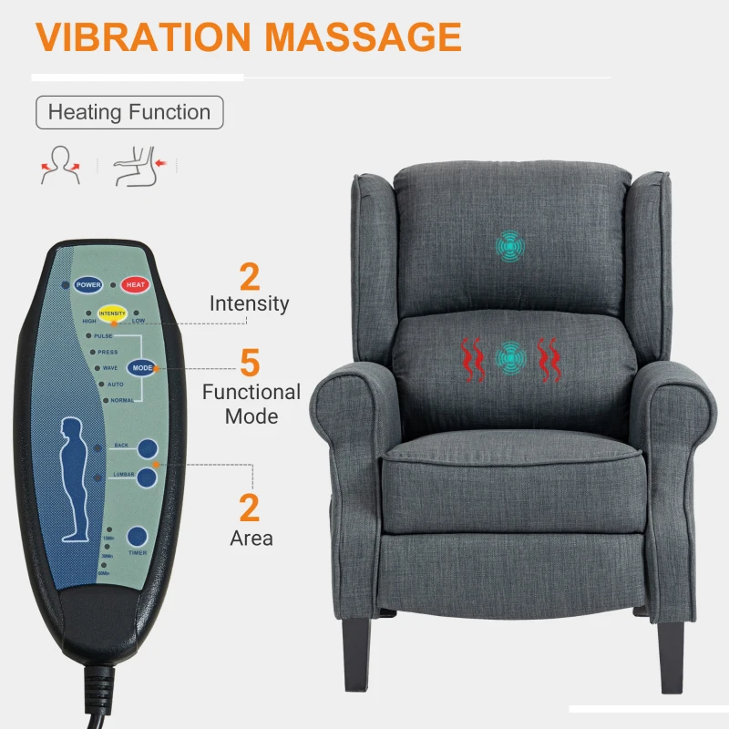 HOMCOM Vibrating Massage Recliner Chair with Heat, Wingback Push Back Reclining Chair for Living Room, Charcoal Gray