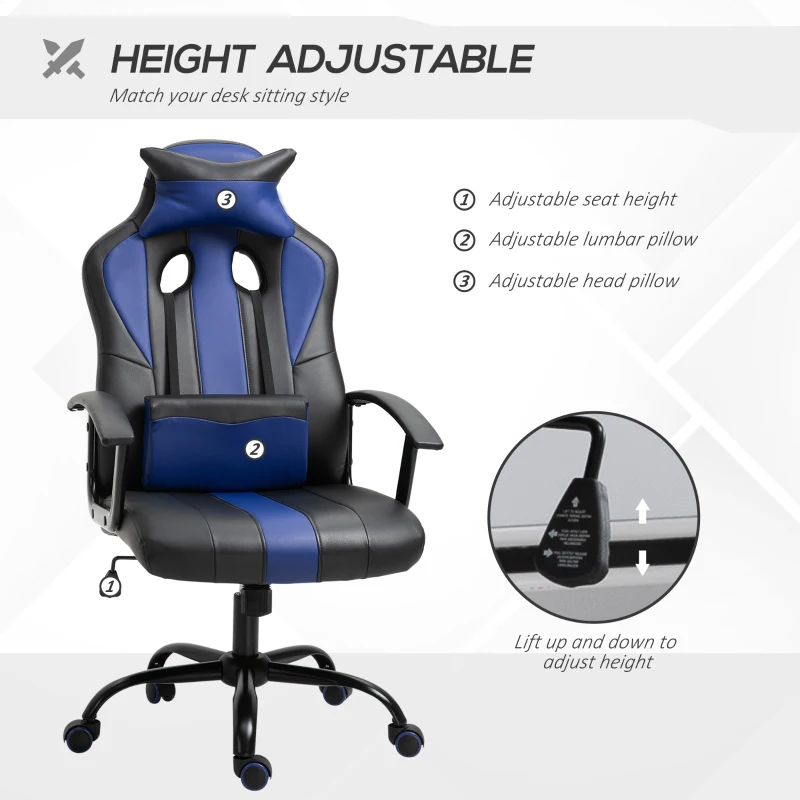 Vinsetto Office Chair High Back Racing Style Gaming Chair Adjustable PU Leather Swivel Computer Task Seat with Lumbar Support and Pillow Blue