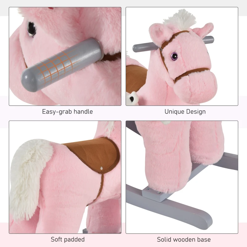 Qaba Kids Rocking Horse with Bear Toy, Plush Animal Rocker with Fun Realistic Sounds for Toddler 18-36 Months, Pink