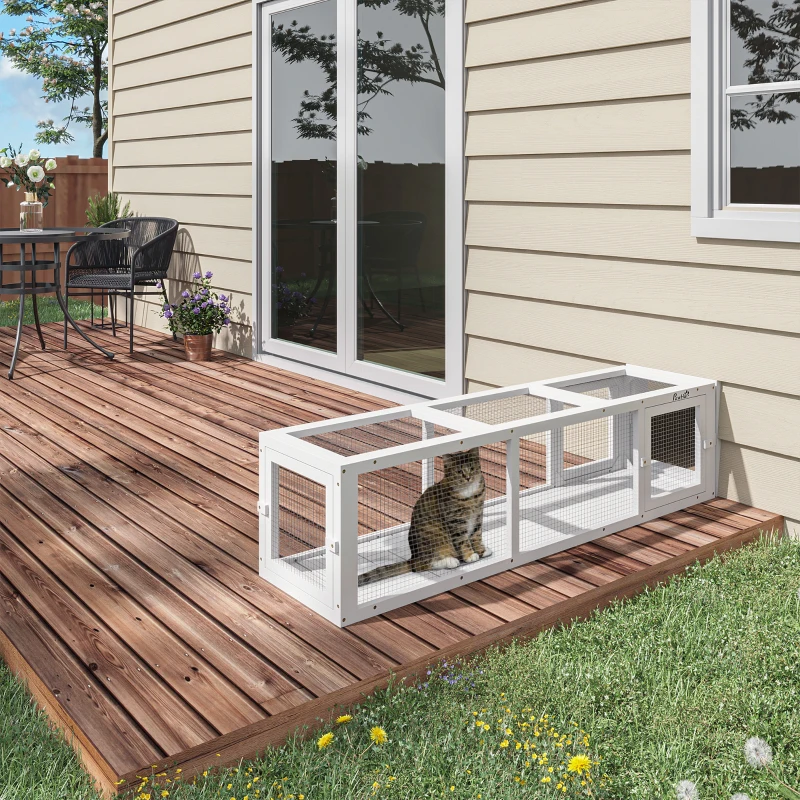 PawHut Outdoor Cat Tunnel with Extendable Design, 59" L Wooden Cat Run with Weather Protection, Connecting Inside and Outside, for Deck Patios, Balconies, White