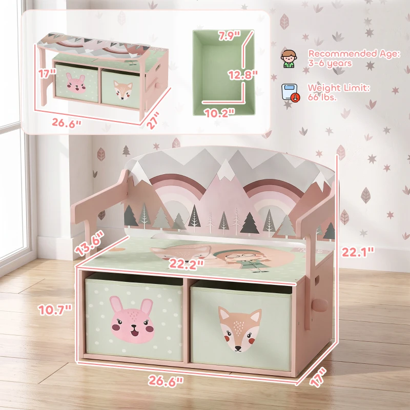 Qaba Kids Toy Box Chest, 3-in-1 Convertible Storage Chest with 2 Non-Woven Drawers for Bedroom, Kids Room for Ages 3-6, Pink