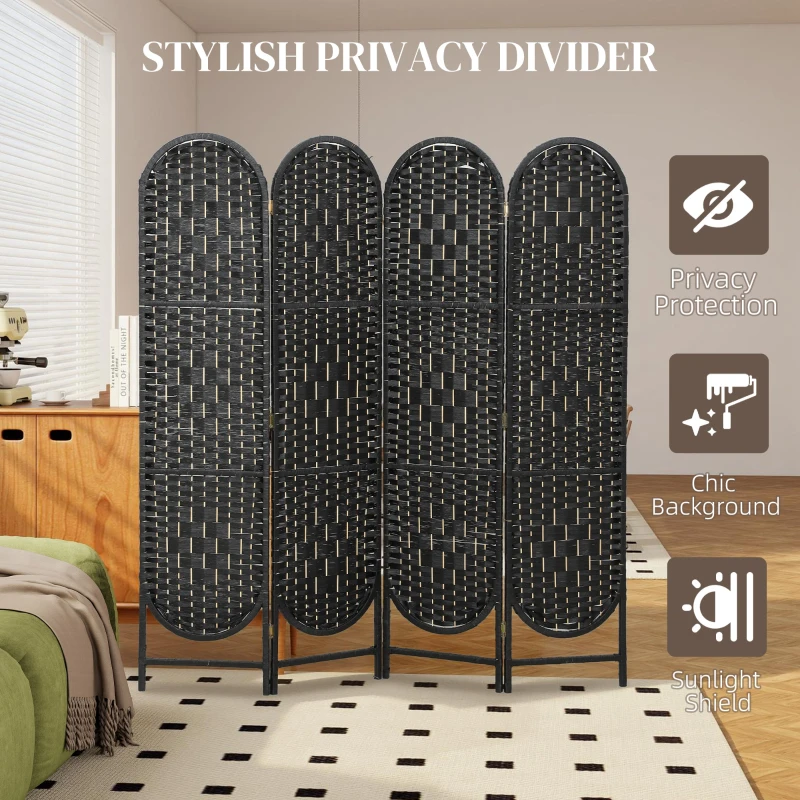 HOMCOM Bohemian Privacy Screen, Folding Room Divider with 4 Panels and Arched Top for Bedroom Living Room Office, Black