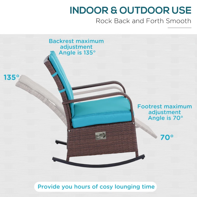 Outsunny Outdoor Wicker Rocking Chair Patio PE Rattan Recliner Chair with Cushion, Adjustable Footrest, Armrests, Turquoise