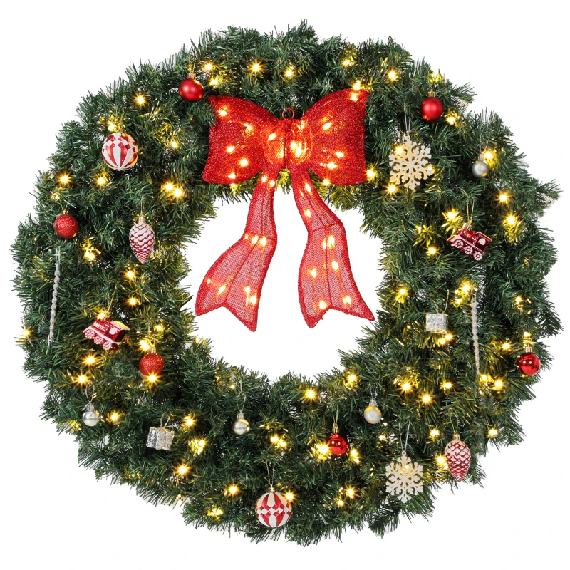 HOMCOM Artificial Xmas Wreath, 36 Inch Pre-Lit Christmas Wreath with 130 LED Lights, Lighted Bow and 21 Ornament Set, Green