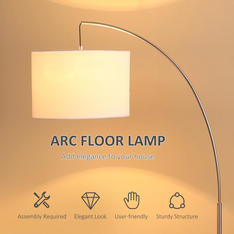 HOMCOM Arc Floor Reading Lamp, Tall Pole Standing Lamp with Hanging Fabric Lampshade for Living Room or Bedroom, Silver/White