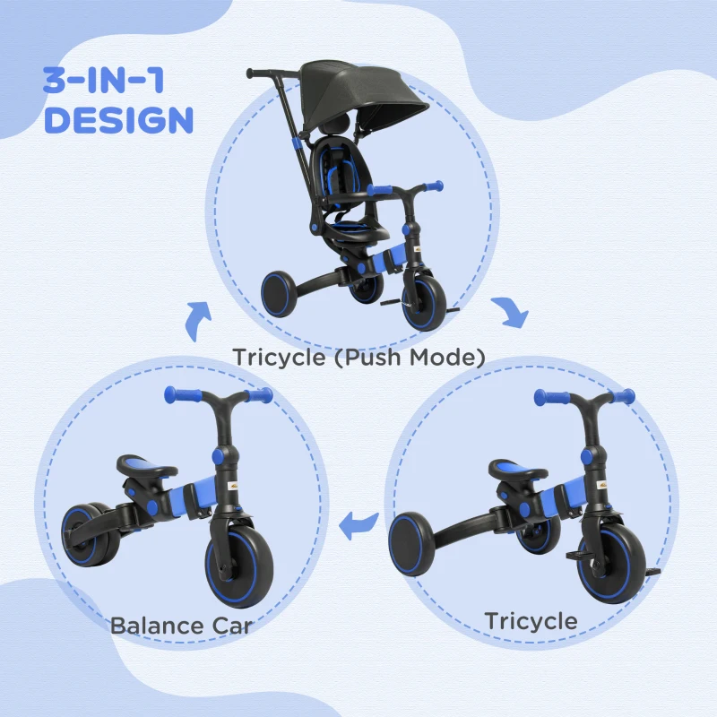 Qaba 3-in-1 Toddler Trike, Push Tricycle, & Balance Bike with Adjustable Settings, Toddler Push Bike, Blue