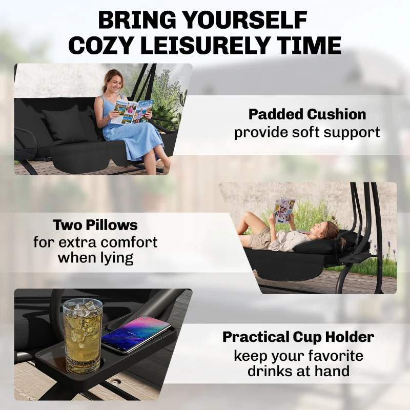 Outsunny 3-Seat Outdoor Patio Swing Chair, Converting Flatbed, Outdoor Swing Glider with Adjustable Canopy, Black