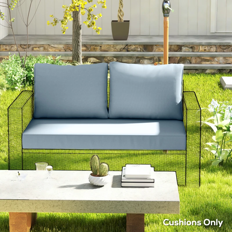 Outsunny 2 Seater Outdoor Seat Cushions with Backrest, Loveseat Double Sofa Outdoor Furniture Cushions, Light Blue