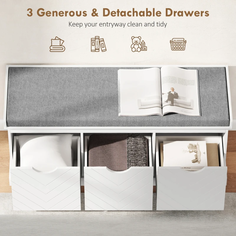 HOMCOM Shoe Storage Bench, Linen-Look Entryway Bench with 3 Removable Drawers and Padded Seat Cushion for Hallway, White