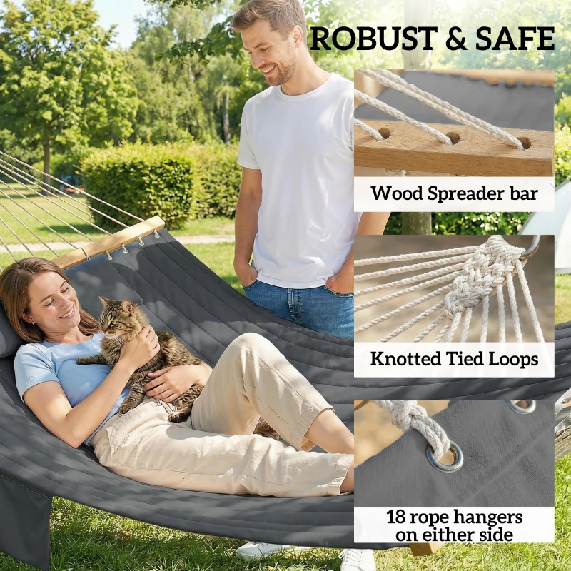 Outsunny Outdoor Hammock Padded Camping Hammock with Pillow & Spreader Bars 200 x 140 cm Grey