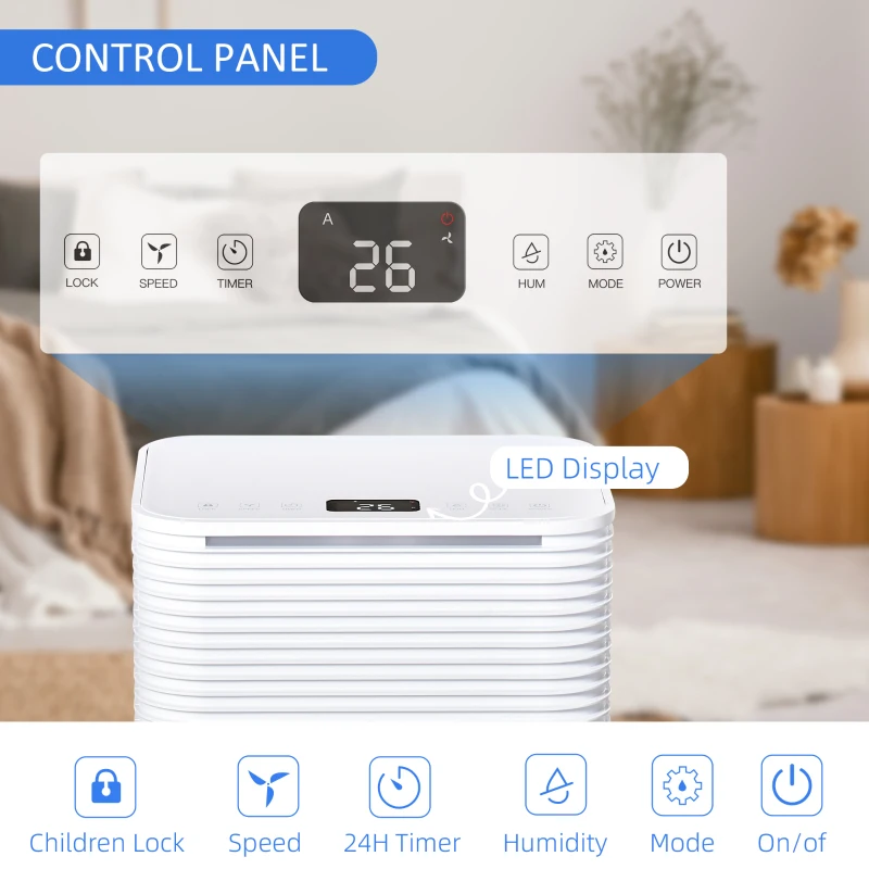 HOMCOM 1500 Sq. Ft Portable Electric Dehumidifiers with 3 Color Lights, LED Display, Quiet Dehumidifier for Basements, Bedroom, Bathroom, Closet, RV, 25pt/Day, White