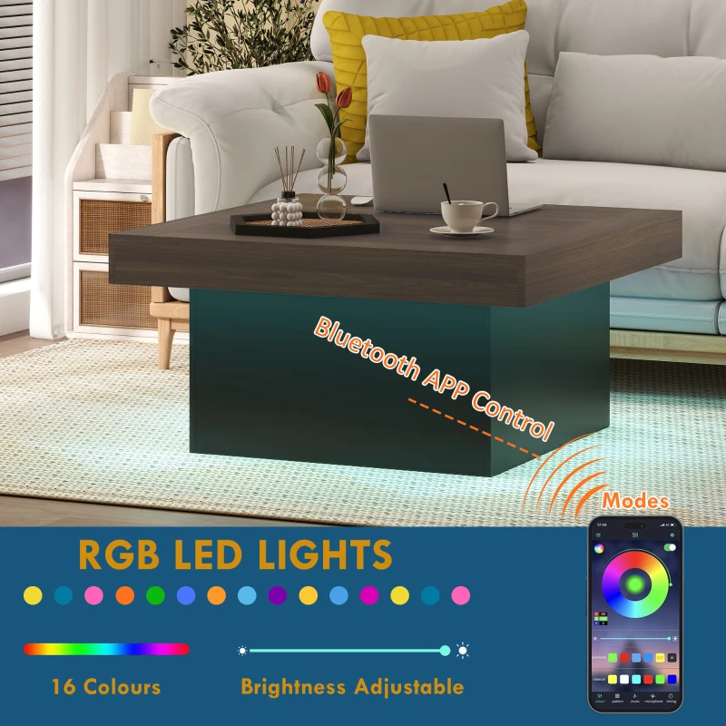 HOMCOM Square Coffee Table with 16-Colour LED Lights, 35-inch Modern Center Table for Living Room, Walnut