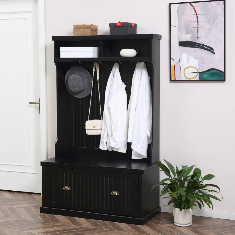 HOMCOM Entryway Bench with Coat Rack, 4 Double Hooks and 2 Compartments, Hall Tree with Bench and Shoe Storage for Hallway, Living Room, Black