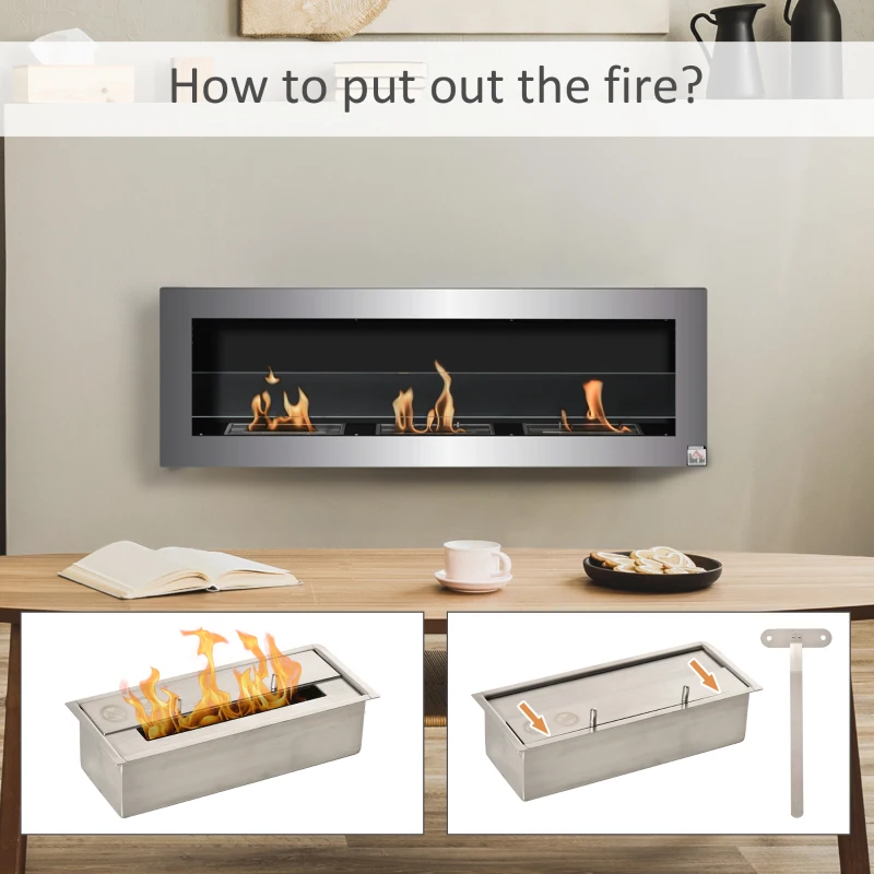 HOMCOM Ethanol Fireplace, 47.25" Wall-Mount 0.3 Gallon Steel 215 Sq Ft., Burns up to 3 Hours, Silver
