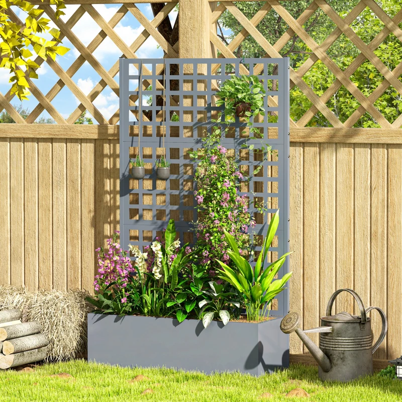 Outsunny Galvanized Raised Garden Bed Planter Box with Trellis for Climbing Plant Vegetable Vine, 43"x16"x70", Grey Wood Effect