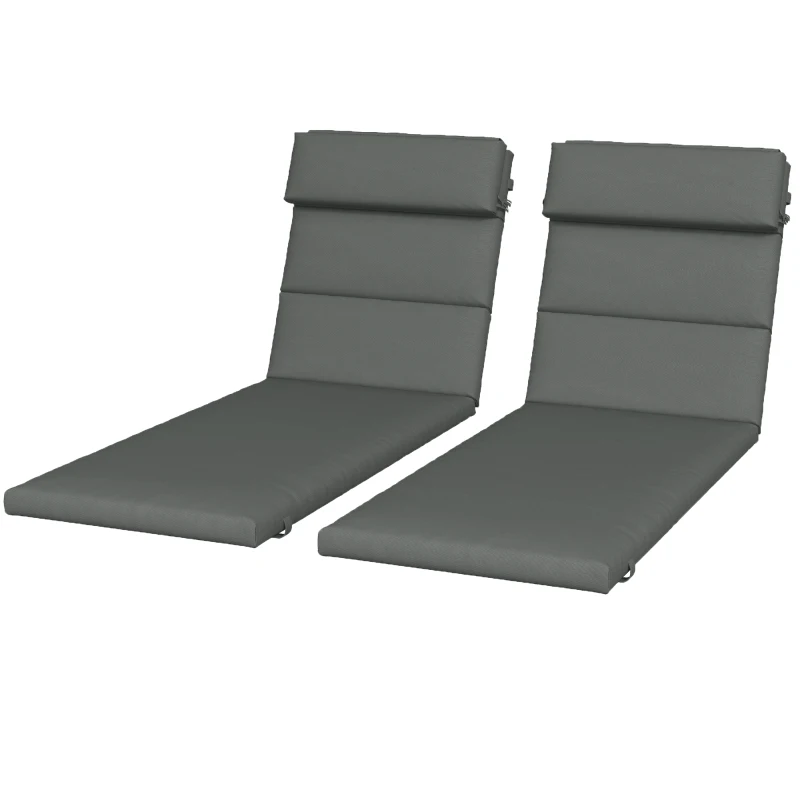 Outsunny Patio Chaise Lounge Chair Cushions Replacement Sun Lounger Pads with Headrest and Ties, Set of 2, Grey