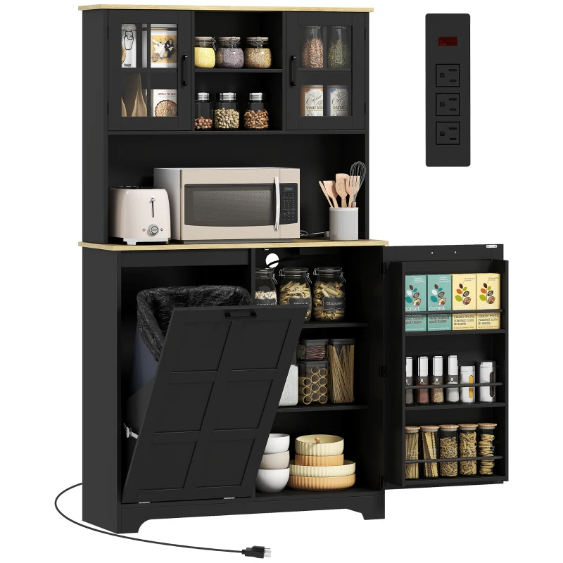HOMCOM Kitchen Pantry Cabinet with Charging Station, 7 Gallon Trash Can Cabinet, Adjustable Shelves and Acrylic Doors, Black