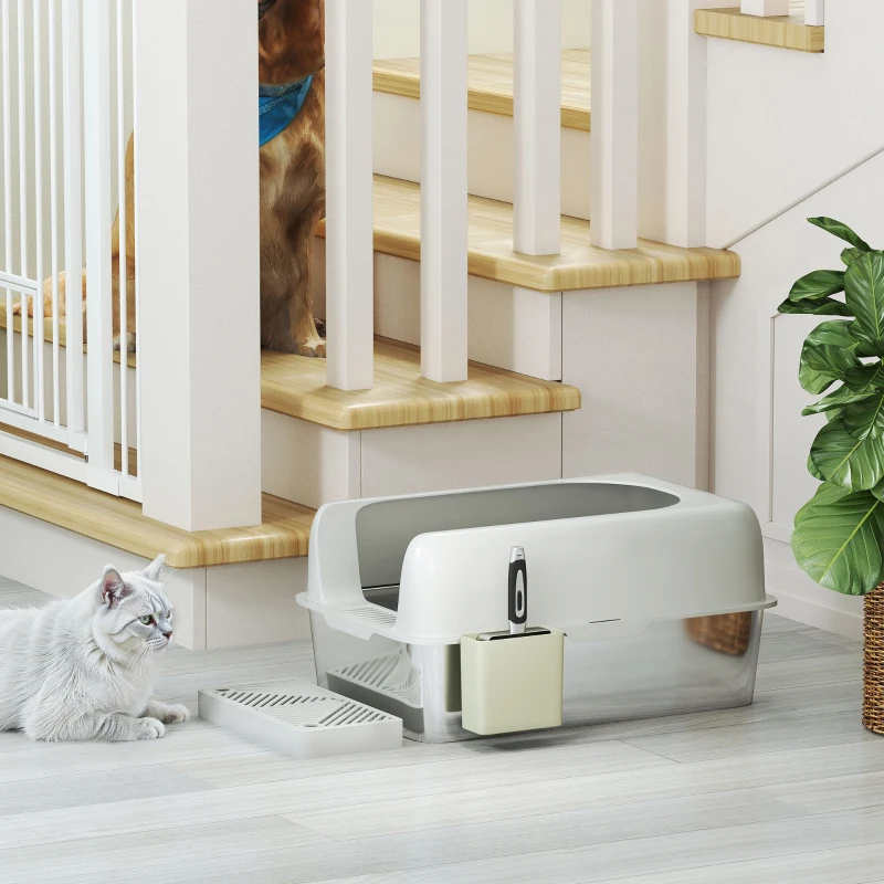 PawHut High Sided Stainless Steel Litter Box with Metal Scoop & Scoop Holder, for Easy Clean& Anti-Urine Leakage, Light Gray