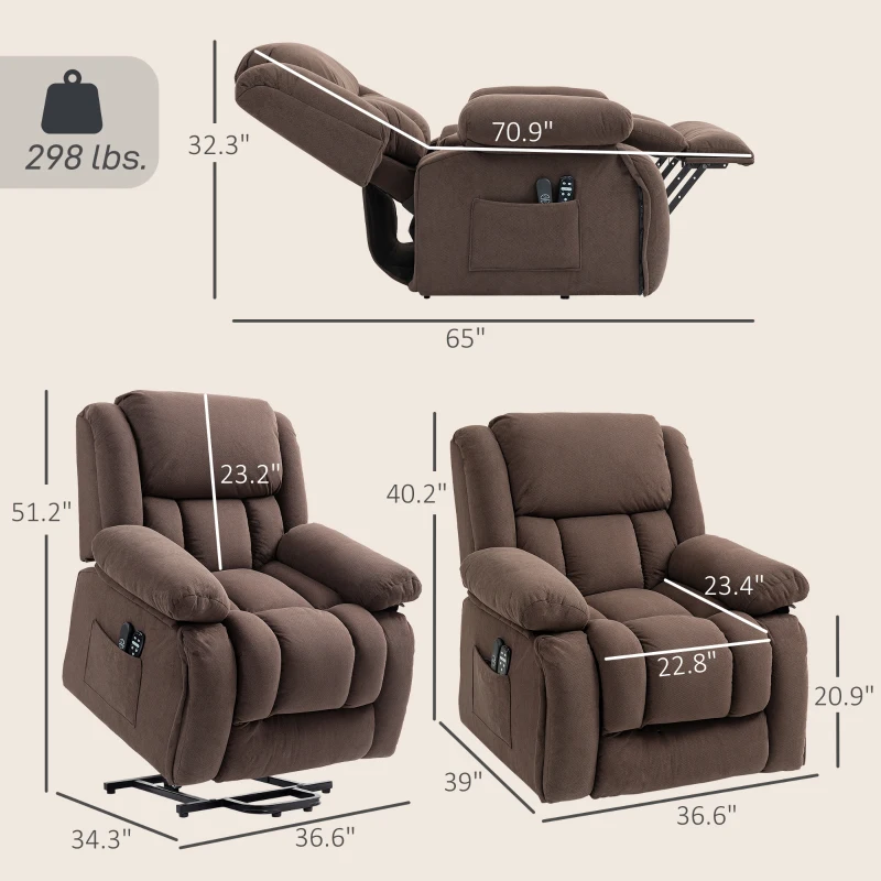HOMCOM Overstuffed Power Lift Recliner Chair with Vibration Massage and Heat, Side Pockets, Pocket Spring, for Adults, Brown