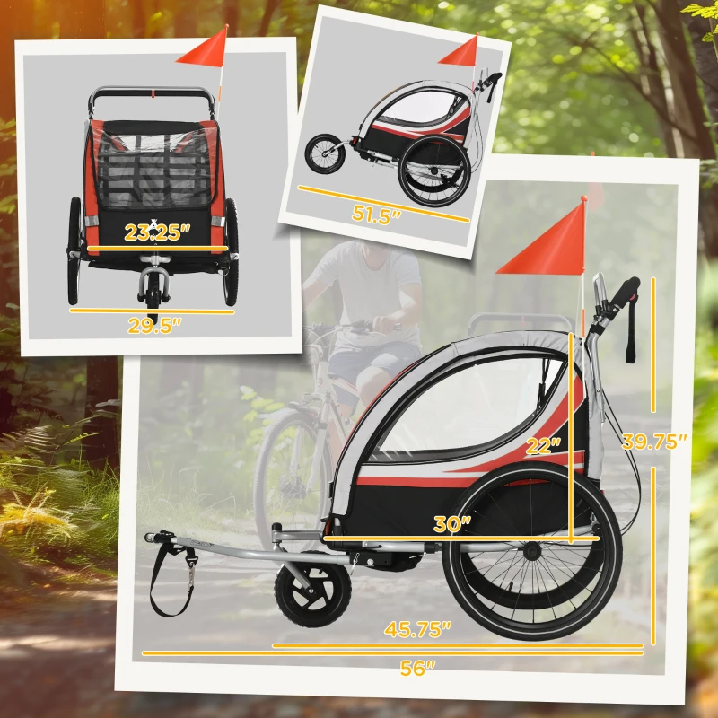 Aosom 3-in-1 Bike Trailer for Kids, Running Stroller with 2 Seats, Jogging Cart with 5-Point Harness, Storage Units, Red