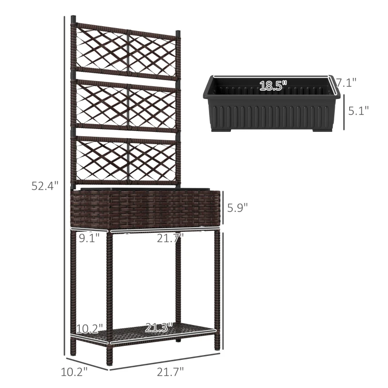 Outsunny Outdoor Wicker Planter with Trellis for Climbing Plants, Freestanding Rattan Garden Box with Storage Shelf, Brown