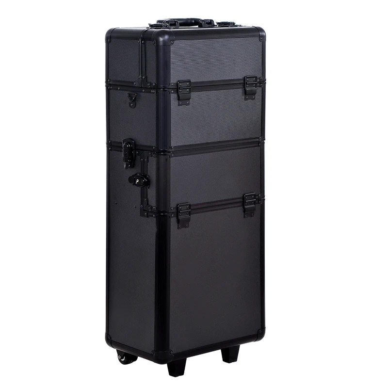 HOMCOM Pro 3 in 1 Portable Aluminum Makeup Train Cases Rolling Cosmetic Organizer Box, Black (Black)