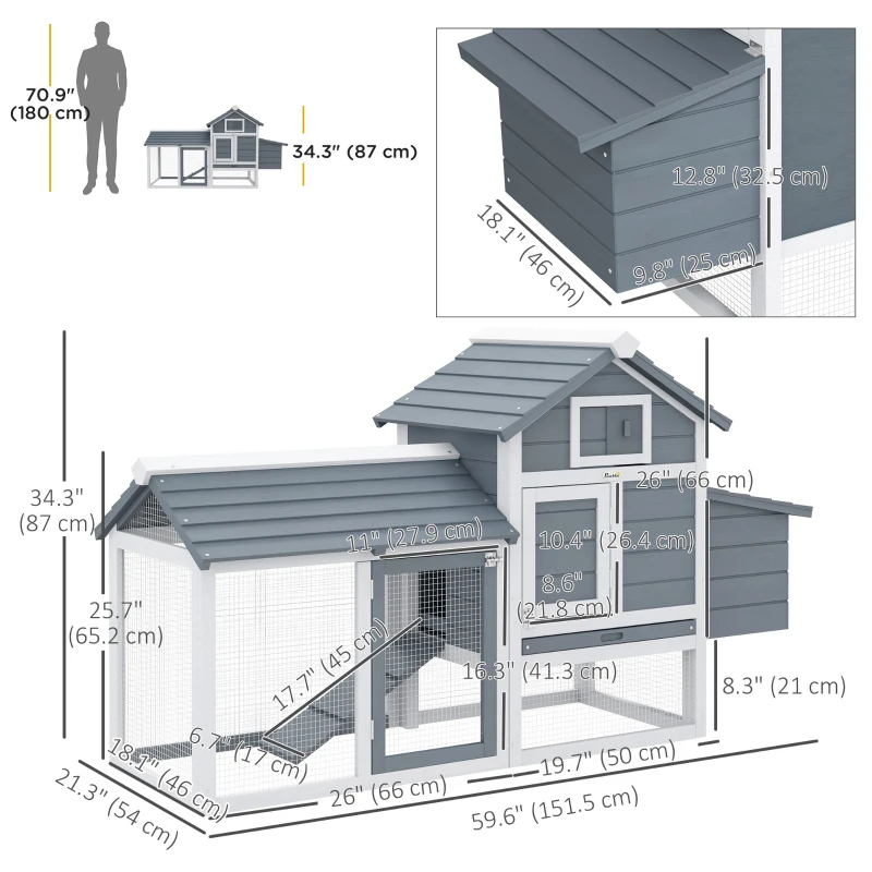 PawHut 60" Large Chicken Coop Wooden Hen House for Outdoor Backyard with 2 Doors, Nesting Box and Removable Tray, White