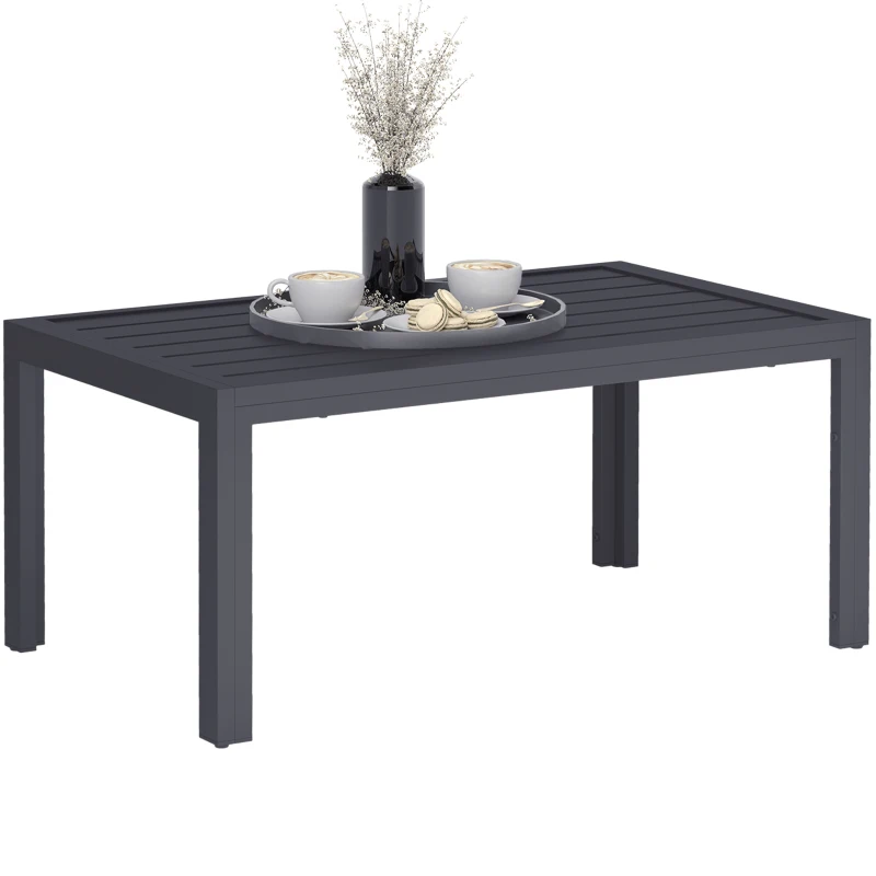 Outsunny Outdoor Coffee Table, Rectangular Patio Table with Steel Frame and Slat Tabletop for Garden, Balcony, Grey