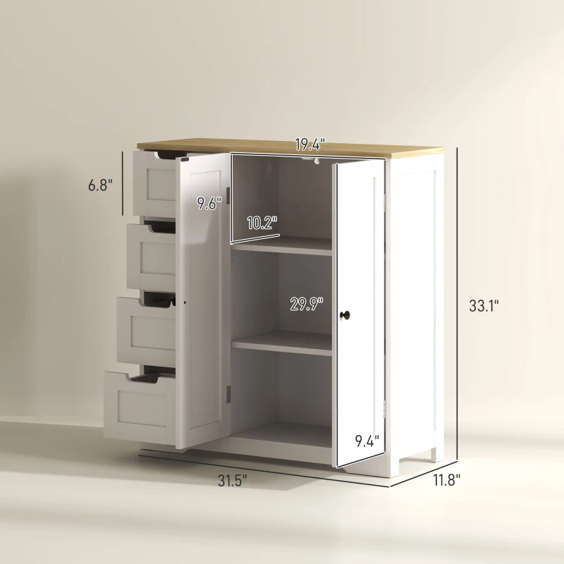 HOMCOM Freestanding Bathroom Floor Cabinet, Modern Bathroom Cabinet with Adjustable Shelf, 4 Drawers and 2 Doors, White