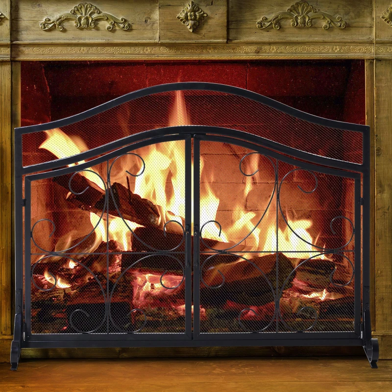 HOMCOM Safety Fireplace Screen Protector with Decorative Scroll Design, 2 Magnetic Doors and Steel Frame, 44" x 33", Black