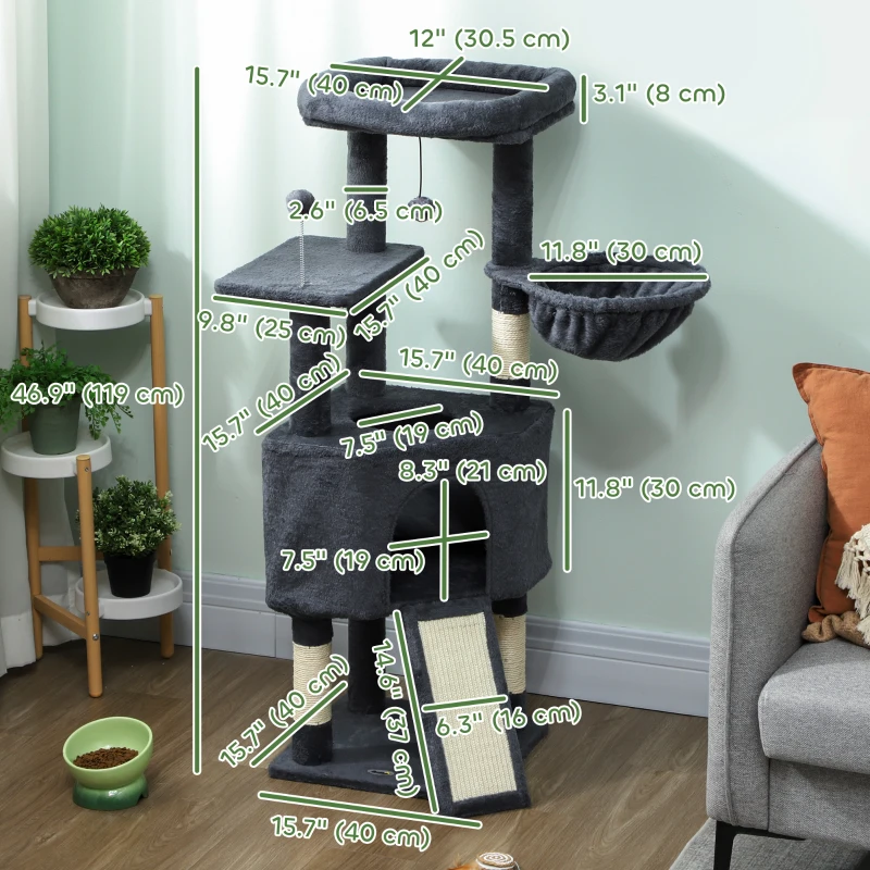 PawHut 47 Inch Cat Tree, Cat Tower for Indoor Cats with Cozy Condo, Bed, Toy Balls, Sisal Scratching Posts, Hammock, Dark Grey