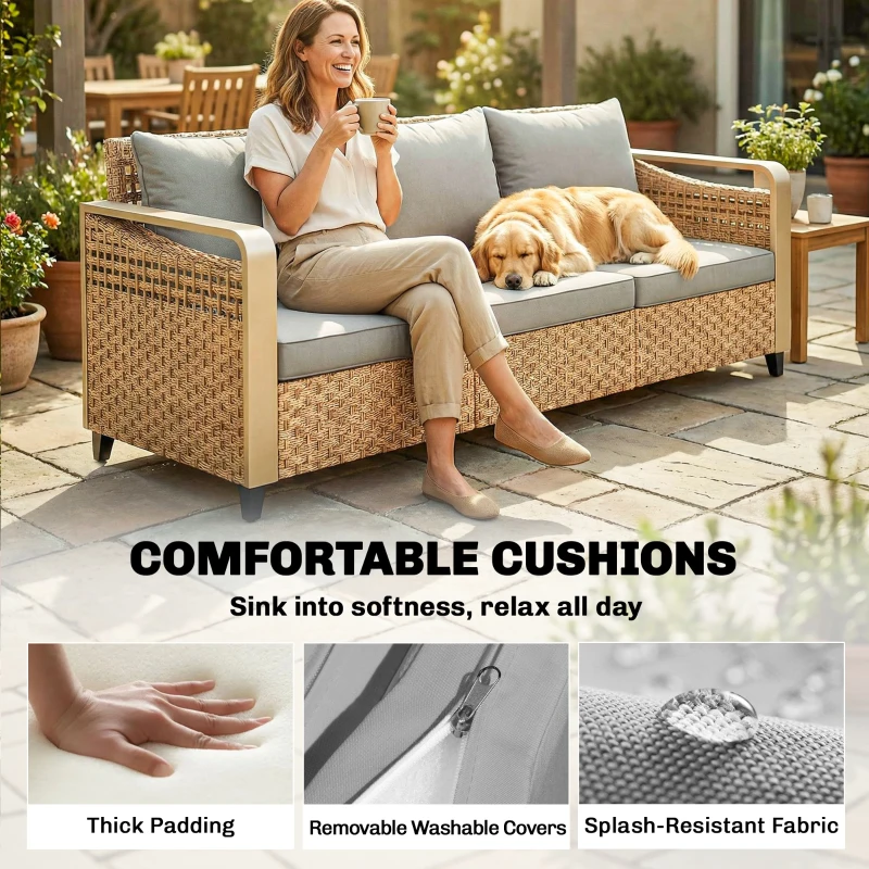 Outsunny Rattan Wicker Sofa 3-Seater Outdoor Patio Sofa with Cushions for Garden Backyard Porch Gray