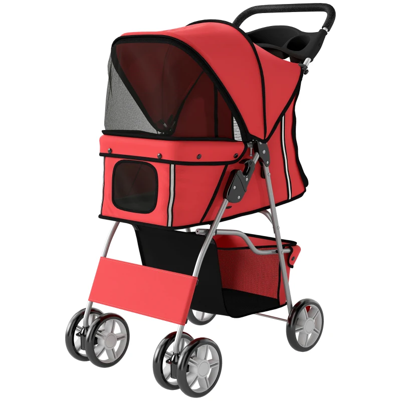 PawHut Pet Stroller with Reflective Strips, Foldable Cat Stroller with 360° Swivel Wheels for Small Dogs and Cats, Red
