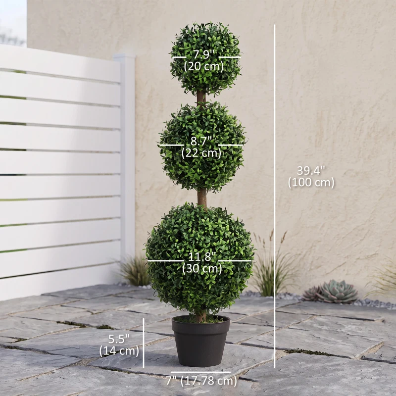 HOMCOM 2 Pack 40" Artificial Trees, Boxwood Topiary Ball Trees with Pot for Indoor, Outdoor, Home Office, Living Room, Green