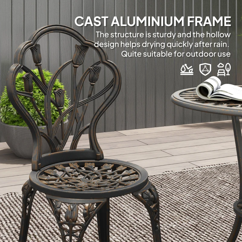 Outsunny 3PCs Patio Bistro Set, Outdoor Cast Aluminum Garden Table and Chairs with Umbrella Hole for Balcony, Bronze