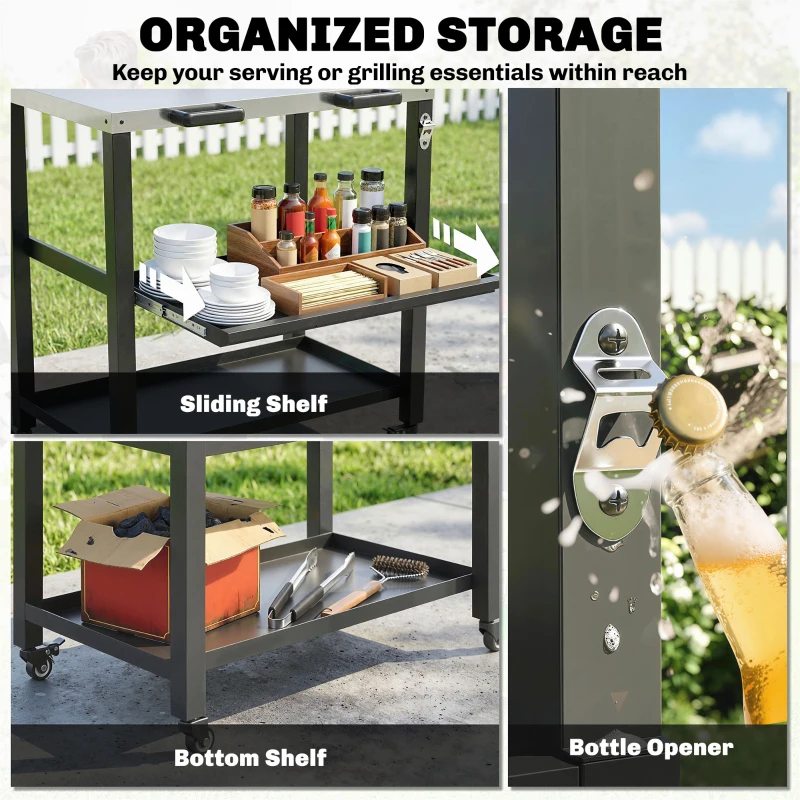 Outsunny Outdoor Grill Cart with Stainless Steel Tabletop, 2 Shelves, Rolling Prep Dining Cart with Lockable Wheels