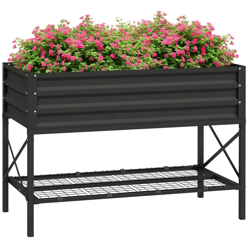 Outsunny Galvanized Raised Garden Bed, Metal Planter Box with Bed Liner and Storage Shelf, for Vegetables Flowers Herbs, Black