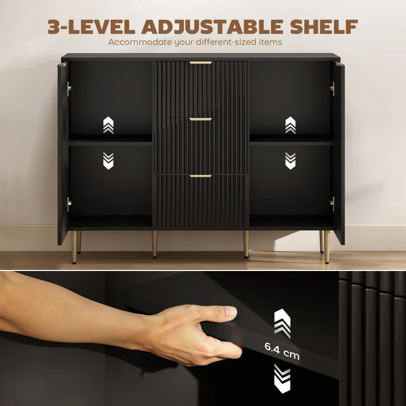 HOMCOM Modern Kitchen Storage Cabinet, Sideboard Buffet Cabinet w/ 3 Drawers and Adjustable Shelves for Kitchen Hallway, Black