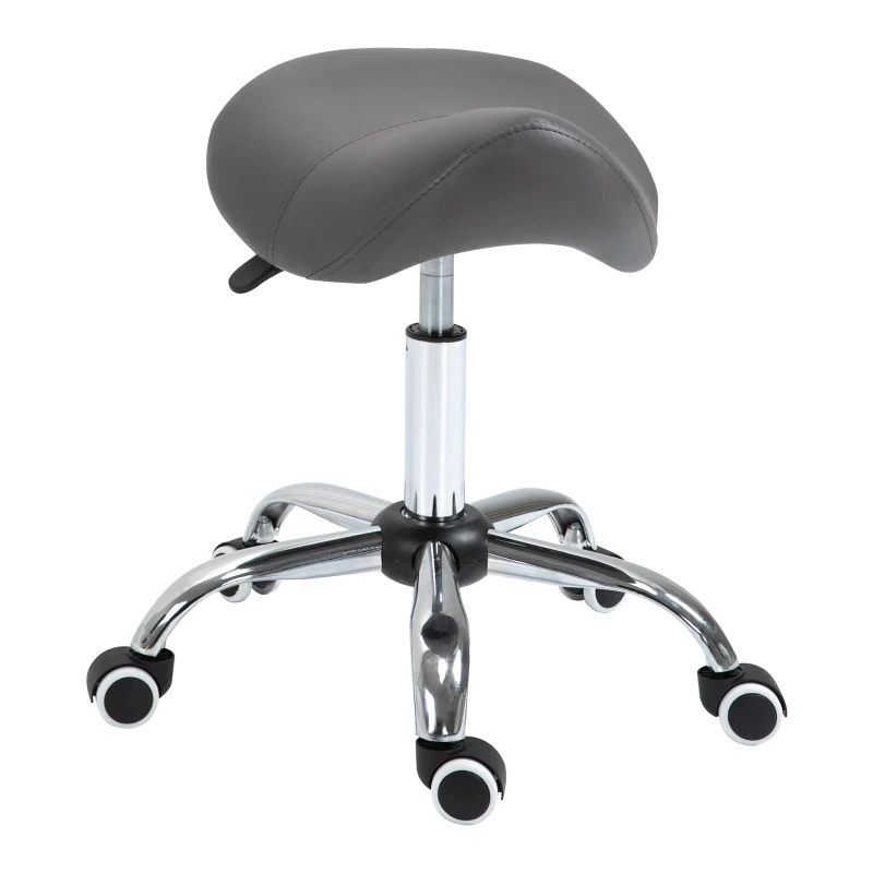 HOMCOM Ergonomic Rolling Saddle Stool PU Leather Hydraulic Spa Stool Height Adjustable Swivel Drafting Salon Chair, Gray