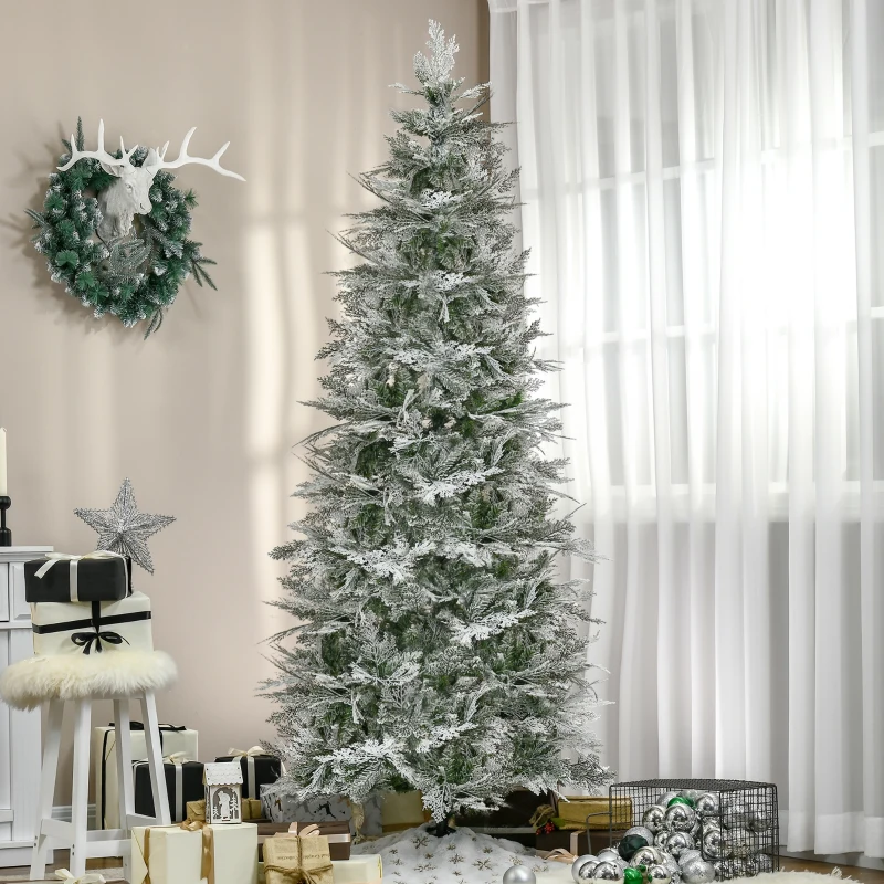 HOMCOM 7.5 Feet Pencil Snow Flocked Artificial Christmas Tree with 880 Realistic Cypress Branches, Auto Open, Green