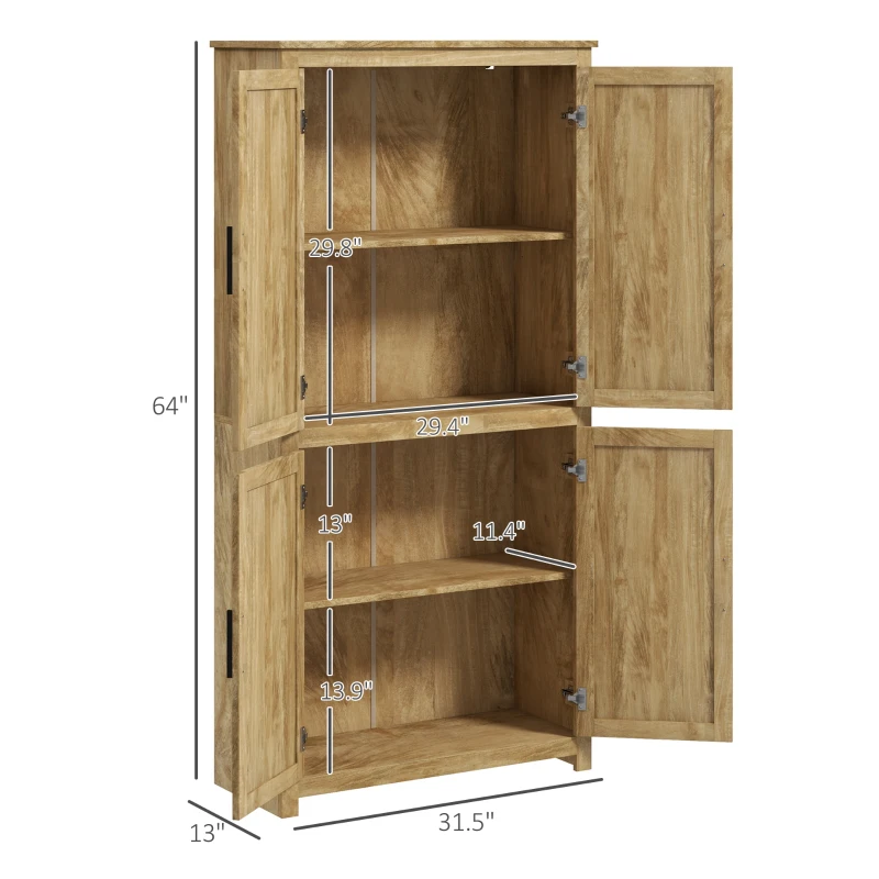 HOMCOM 64" Kitchen Pantry, Tall Storage Cabinet with 4 Rattan Doors, 4 Tier Shelves and Adjustable Shelf, Natural
