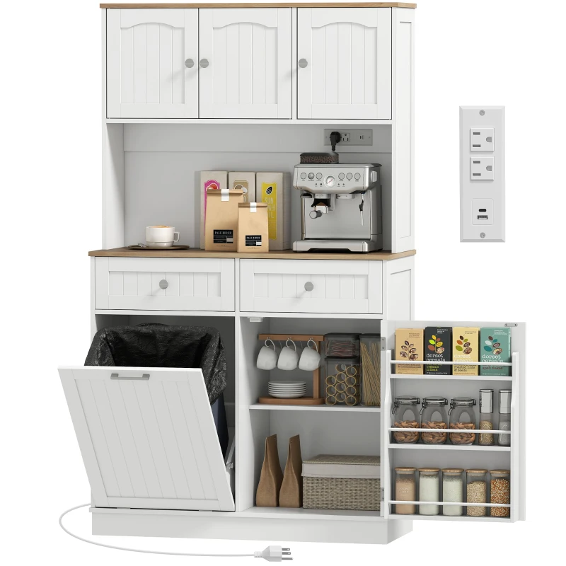 HOMCOM 68" Pantry Cabinet with Charging Station, Storage Cabinet with Microwave Stand, 10 Gallon Trash Can Cabinet, White