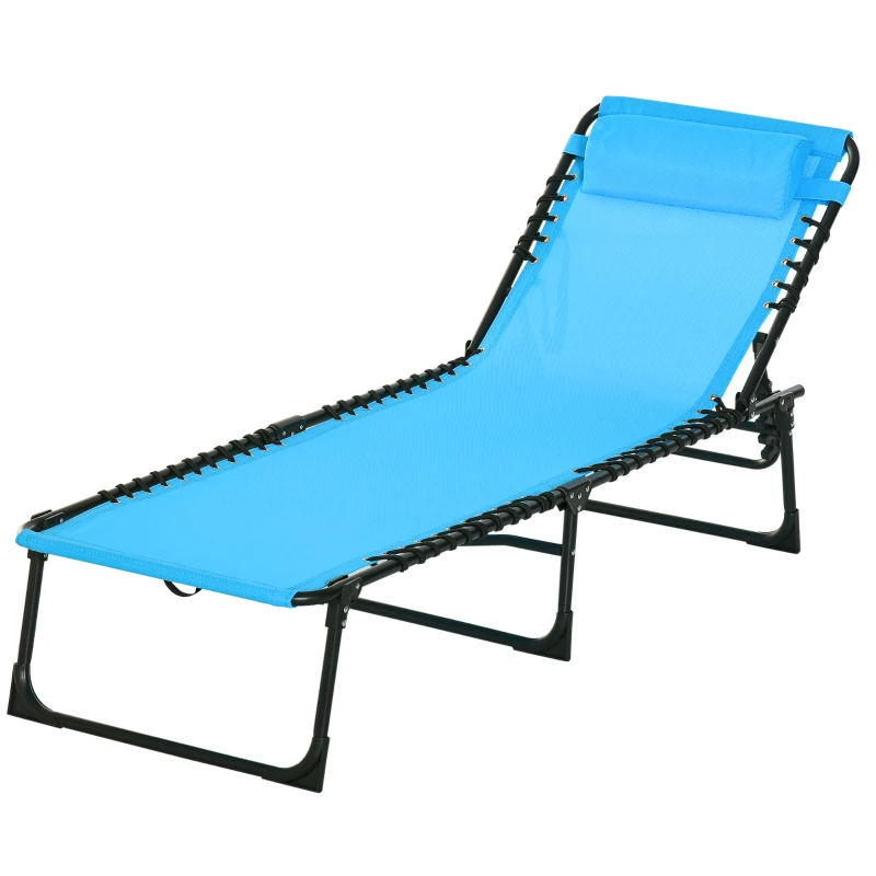 Outsunny Outdoor Folding Lounge Chair, 4-Level Adjustable Chaise Lounge with Headrest, Tanning Chair Beach Bed, Reclining Lounger Cot for Camping, Hiking, Backyard, Sky Blue